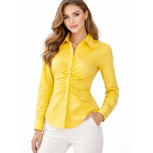 New York & Co Stretch Yellow Ruched Button Down Shirt Blouse XS Preppy 49-22